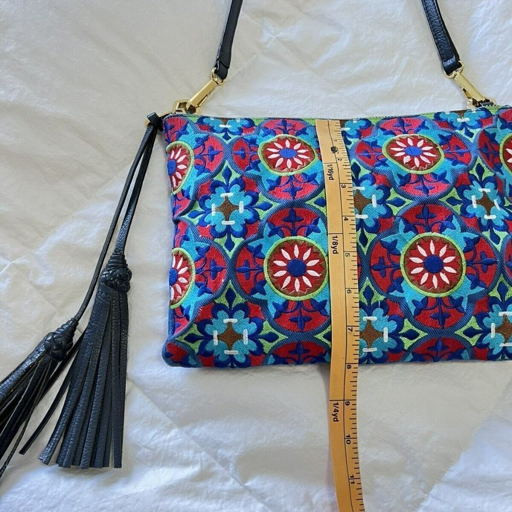 ORYANY Blue Print Grace Embroidered Mosaic Crossbody Purse~ Bohemian~ Tassels - Picture 3 of 7